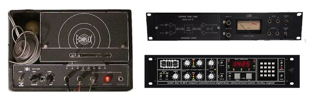 Composite image showing three vintage delay processors: on the left, a tape‑based Echoplex unit with a coiled tape transport; above right, a rack‑mounted Cooper Time Cube with a VU meter and ins/outs; and below, a rack‑mount digital delay featuring multiple knobs, a red LED time display and a numeric keypad.