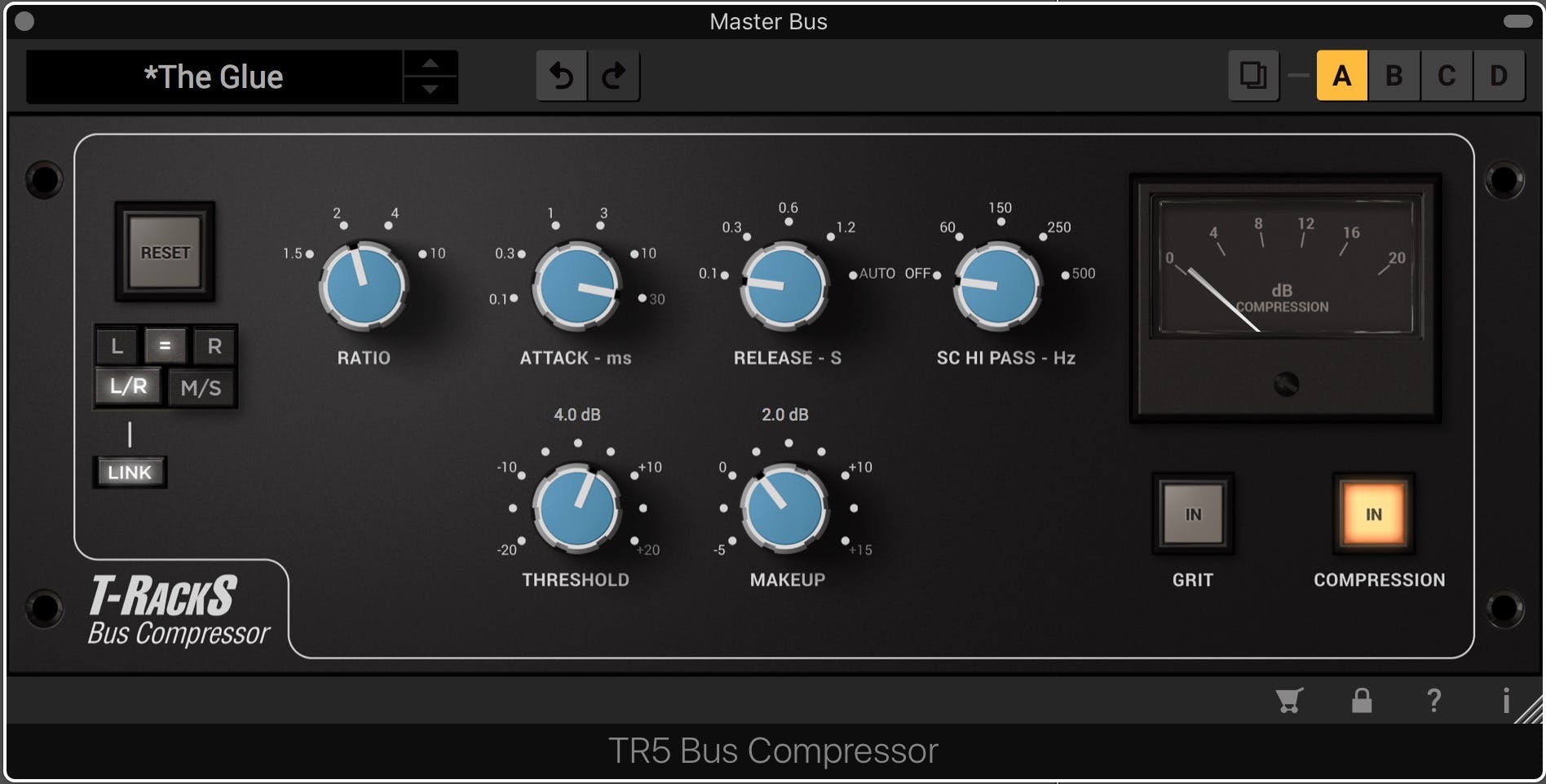 The T-Racks Bus Compressor from IK Multimedia, set with a slow attack and quick release for gentle master bus compression.