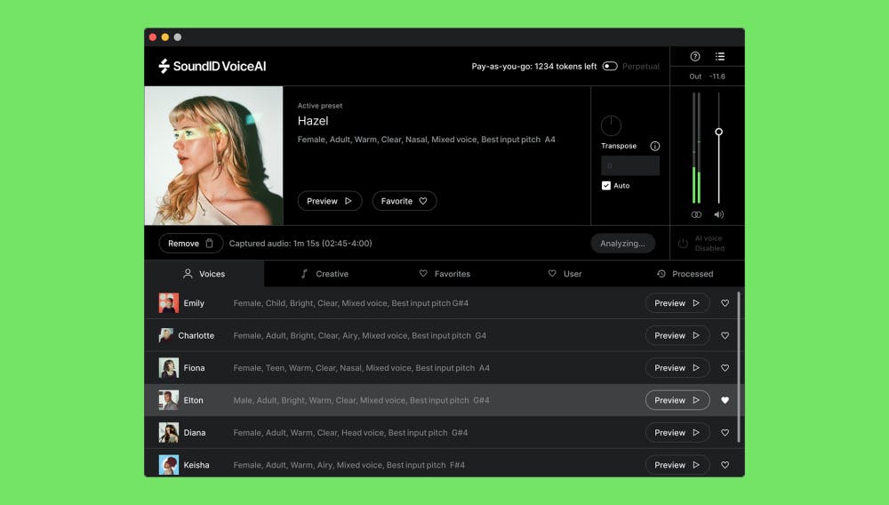 SoundID VoiceAI plugin interface showing the active preset 'Hazel' with various voice models like Emily, Charlotte, and Elton displayed on a green background
