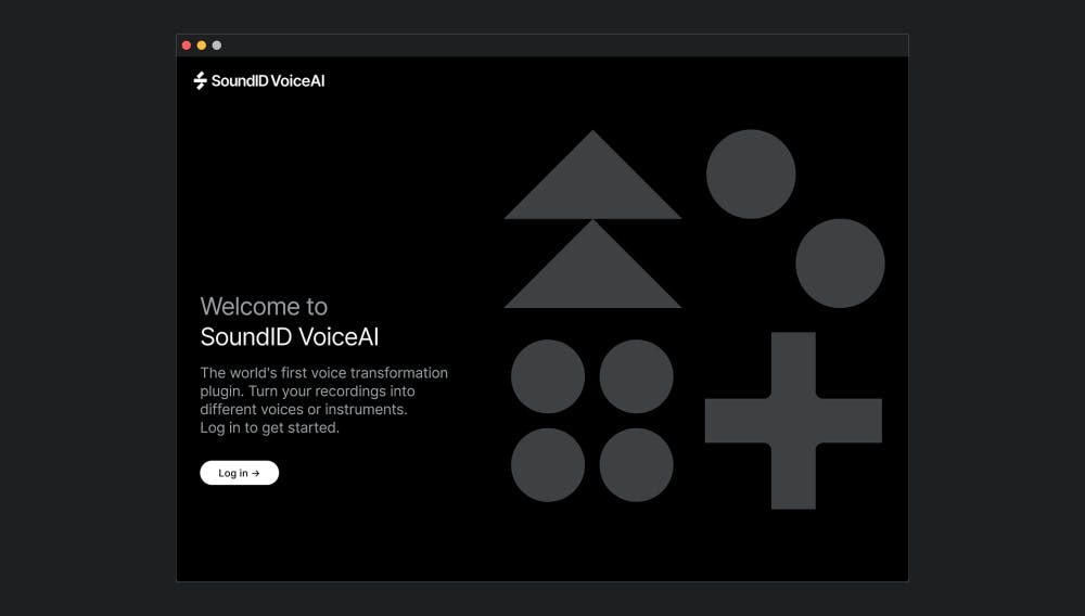SoundID VoiceAI welcome screen with geometric icons and message inviting users to log in and transform their voice into different characters or instruments