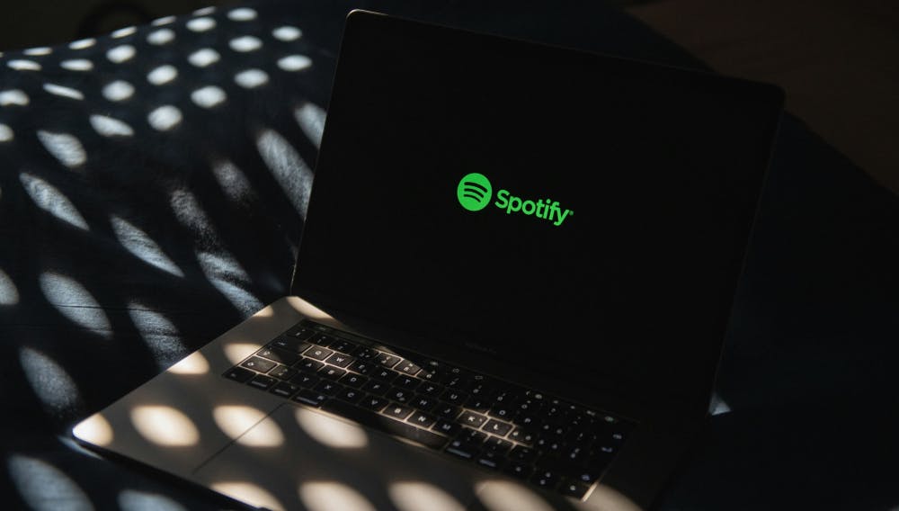 Close-up of a MacBook Pro displaying the Spotify logo on screen, with dappled sunlight casting shadows across the keyboard