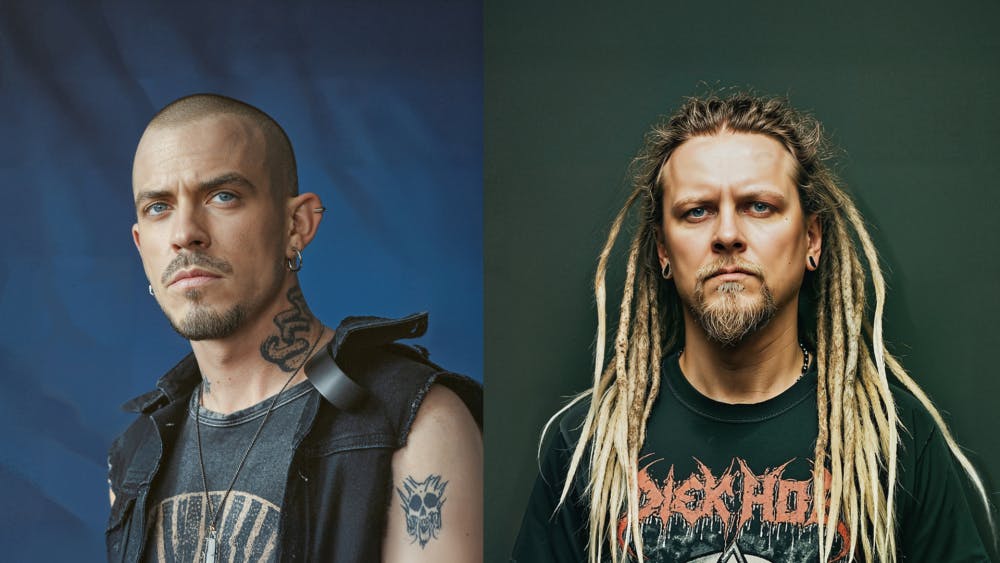 Split portrait of two men with distinctive tattoos: one has a shaved head, the other has long dreadlocks and a goatee