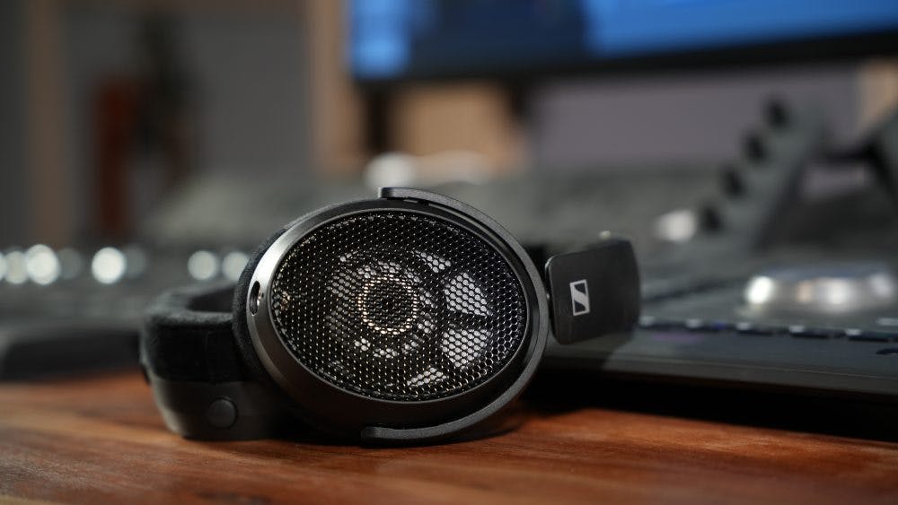 Sennheiser HD 490 Pro mesh grille closeup showing driver detail in studio environment