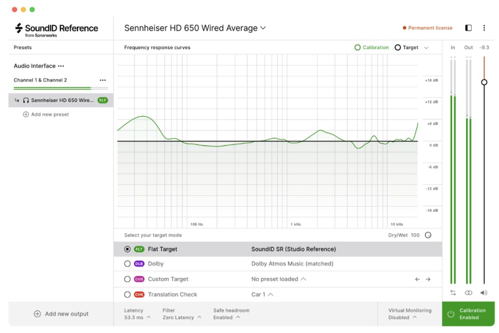Screenshot of SoundID Reference software displaying the calibration frequency‑response curve for Sennheiser HD 650 headphones in green, overlaid on a target curve, with options for Flat, Dolby, Custom and Translation Check modes
