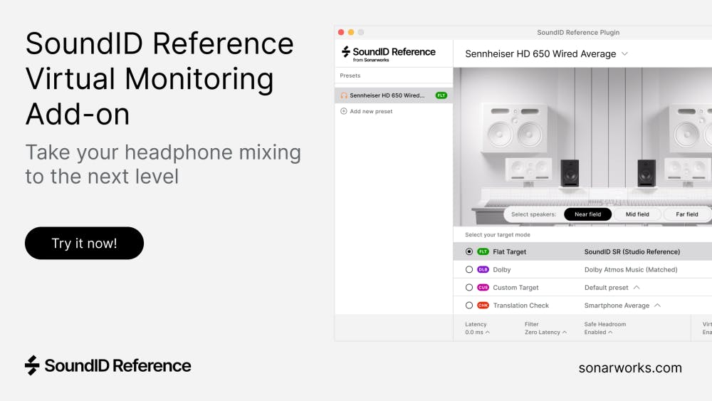 Promotional graphic for SoundID Reference’s Virtual Monitoring Add‑on featuring the headline “SoundID Reference Virtual Monitoring Add‑on,” a tagline inviting users to “Take your headphone mixing to the next level,” a black “Try it now!” button and a screenshot of the plugin showing speaker mode options and target curves.