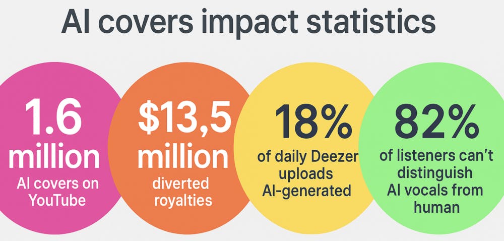 AI covers impact statistics infographic displaying 1.6 million YouTube AI covers, $13.5 million diverted royalties, 18% Deezer AI uploads, and 82% listener detection difficulty