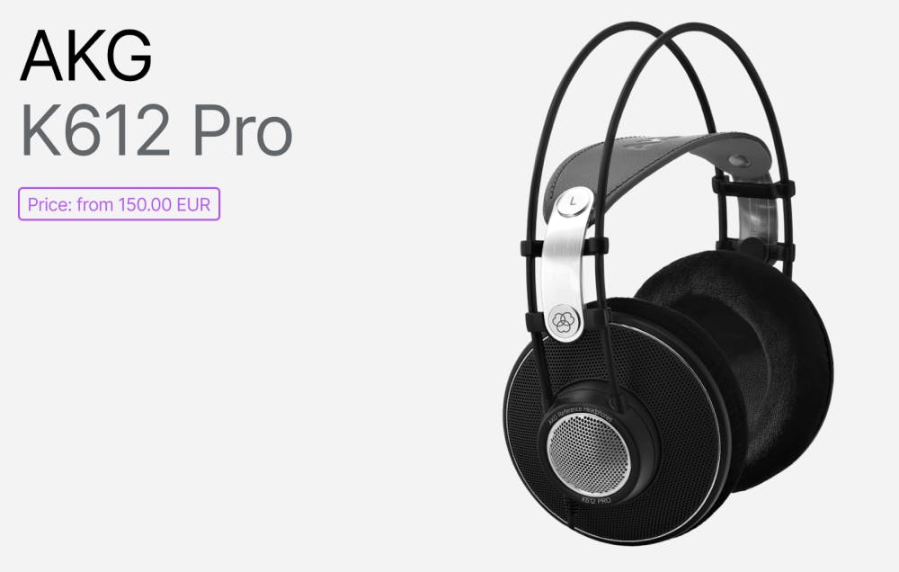 AKG K612 Pro open-back studio headphones in black and silver, featuring mesh ear cups, double headband design, and velvet ear pads, product branding and price tag included.