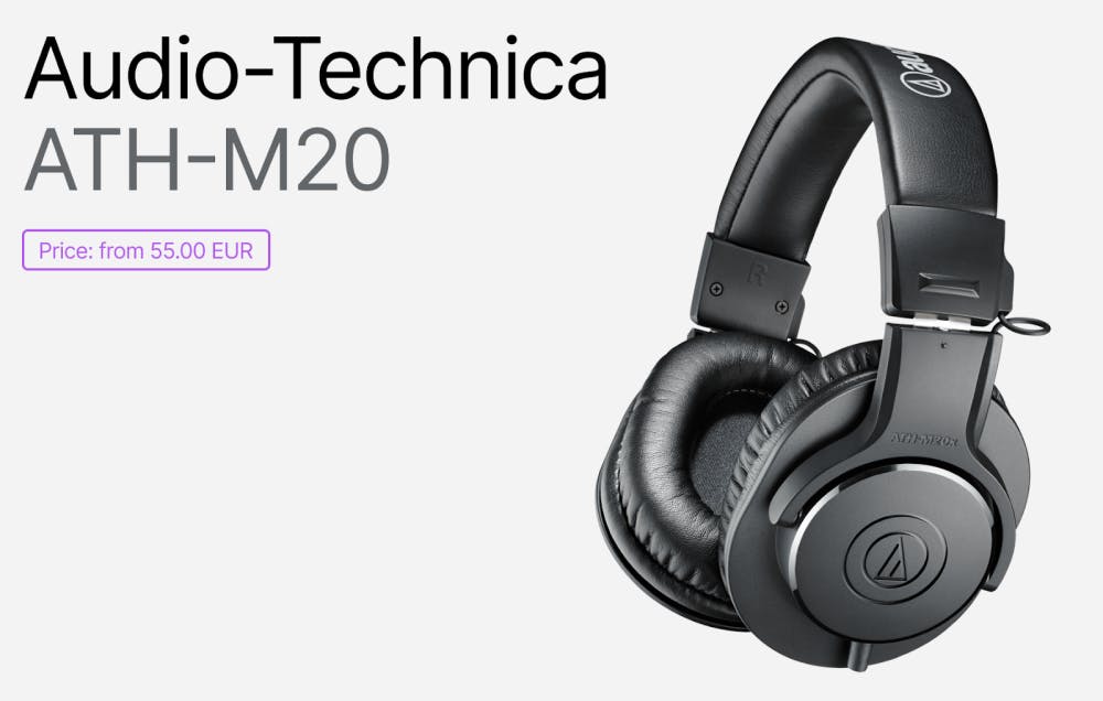 Audio-Technica ATH-M20x closed-back studio headphones in black, featuring a cushioned headband and ear pads, marketing text and price tag displayed on a light background.