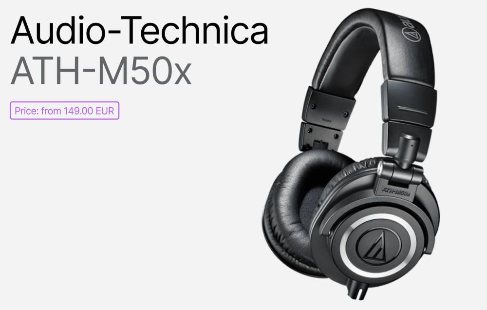 Audio-Technica ATH-M50x closed-back studio headphones in black with silver accents, thick padded ear cups and headband, product name and price tag showcased.