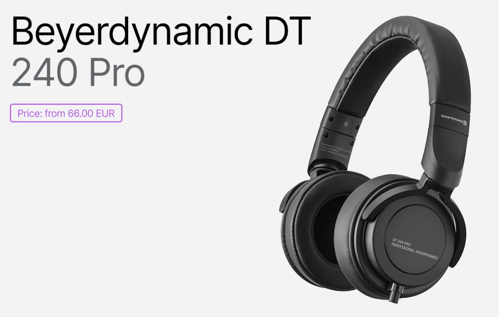 Beyerdynamic DT 240 Pro closed-back headphones in black, featuring a compact, durable build with soft cushioned ear pads, product branding and price visible.