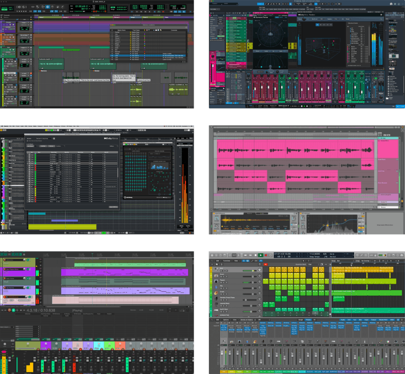 A collage of six digital audio workstation (DAW) screenshots, each showing different tracks, plugin windows, and mixing interfaces from popular music production software such as Pro Tools, Logic Pro, Cubase, Nuendo, Studio One, Ableton Live, and Reaper