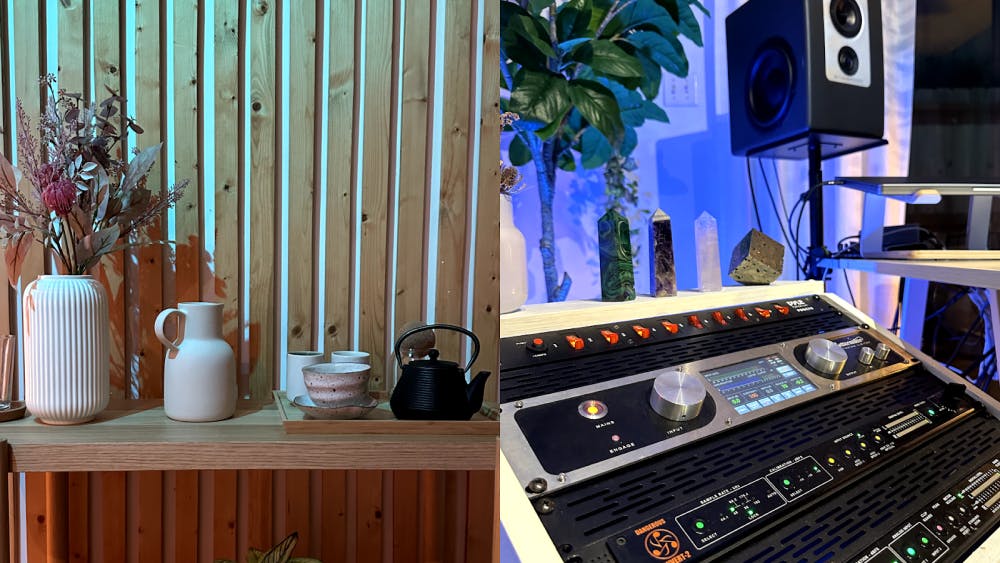 A split image; the left side shows a decorative wooden shelf with ceramic vases and a teapot, and the right side shows a close-up of studio rack equipment with crystal decorations and part of a studio monitor and plant in view.
