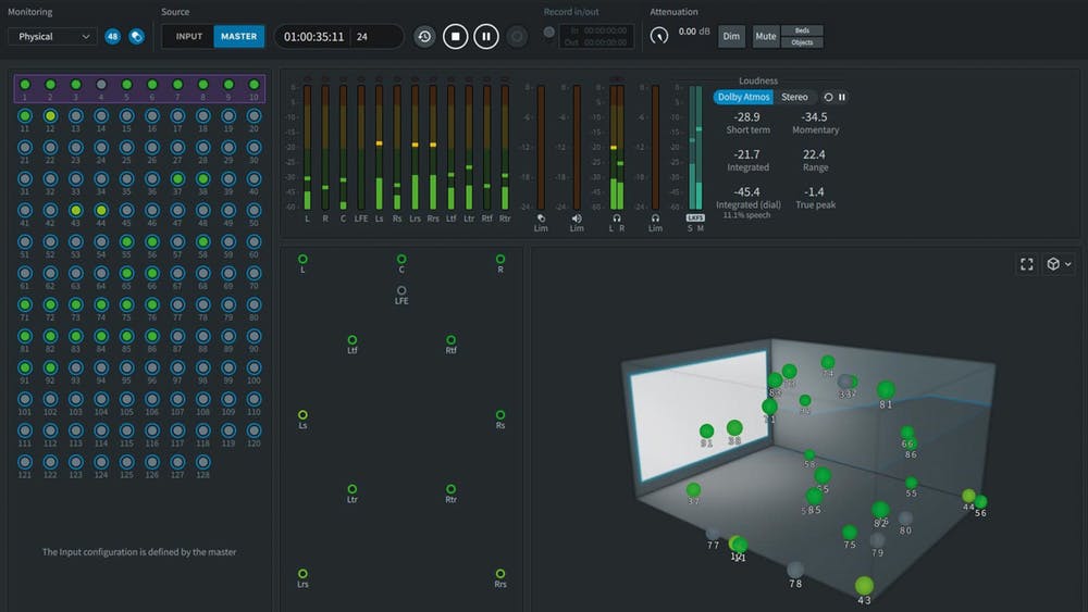 A screenshot of a Dolby Atmos renderer application interface, displaying a grid of multi-channel input monitoring, level meters, loudness and dynamics information, and a 3D room visualization showing the position of various audio sources within a virtual space.