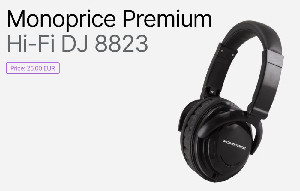 Monoprice Premium Hi-Fi DJ 8823 closed-back headphones in all black, with a wide cushioned headband and prominent ear cups, shown with price tag and product name.