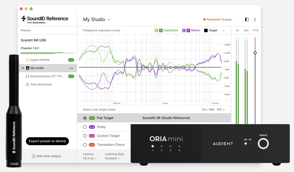 ORIA Mini bundle showcasing calibration microphone, DSP hardware, and SoundID Reference software graph with frequency-response correction curves