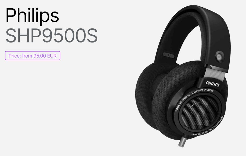 Philips SHP9500S open-back headphones in matte black, featuring large mesh ear cups, breathable fabric cushions, and bold Philips branding, shown with price tag.