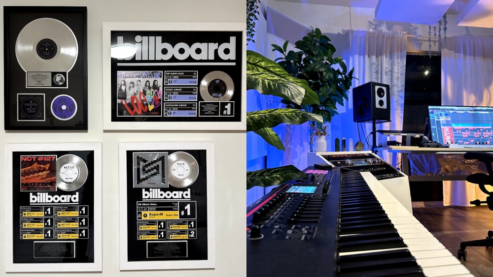A split image showing framed music awards on one side and a modern recording studio on the other, with a large keyboard, monitor speakers, a computer, and professional audio gear arranged on a wooden desk under soft, colored lighting.