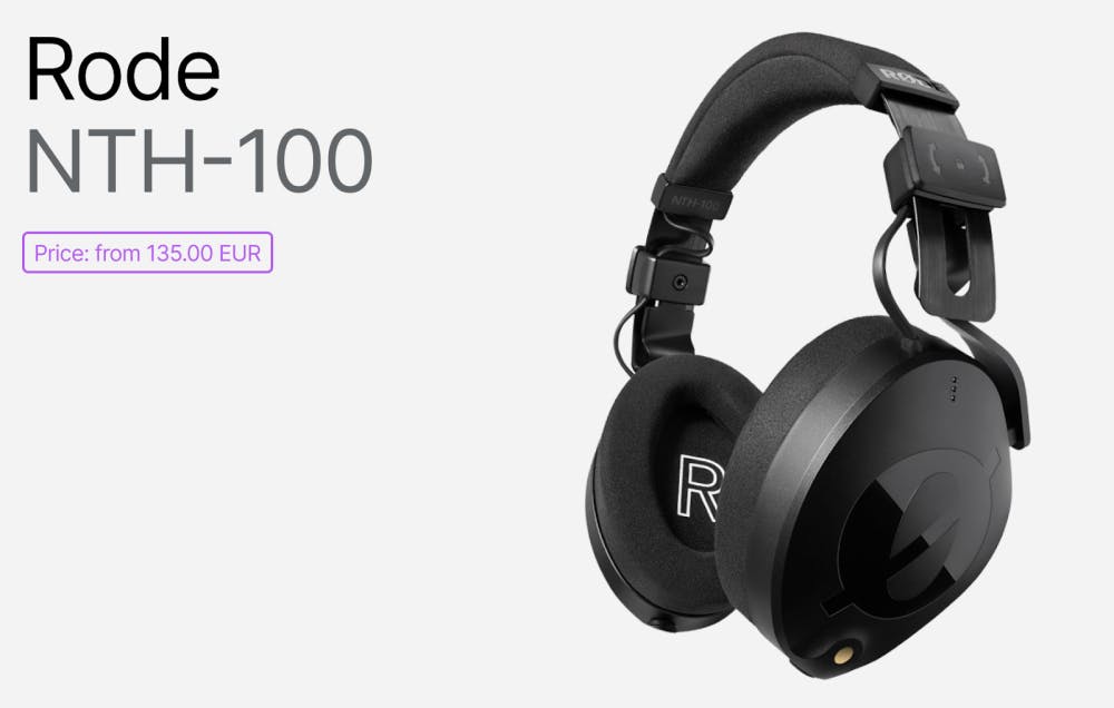 Rode NTH-100 professional studio headphones in matte black with plush ear cushions, comfort band, and modern angular design, model name and price tag included.