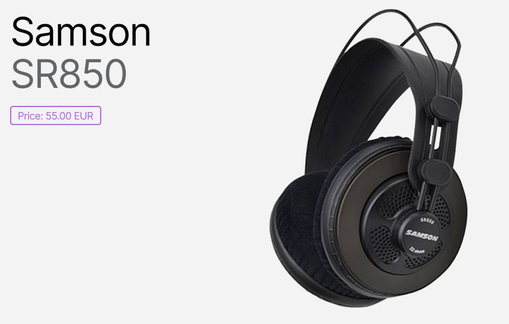 Samson SR850 semi-open studio headphones in black, with large padded ear cups and an adjustable headband, model name and price tag displayed prominently.