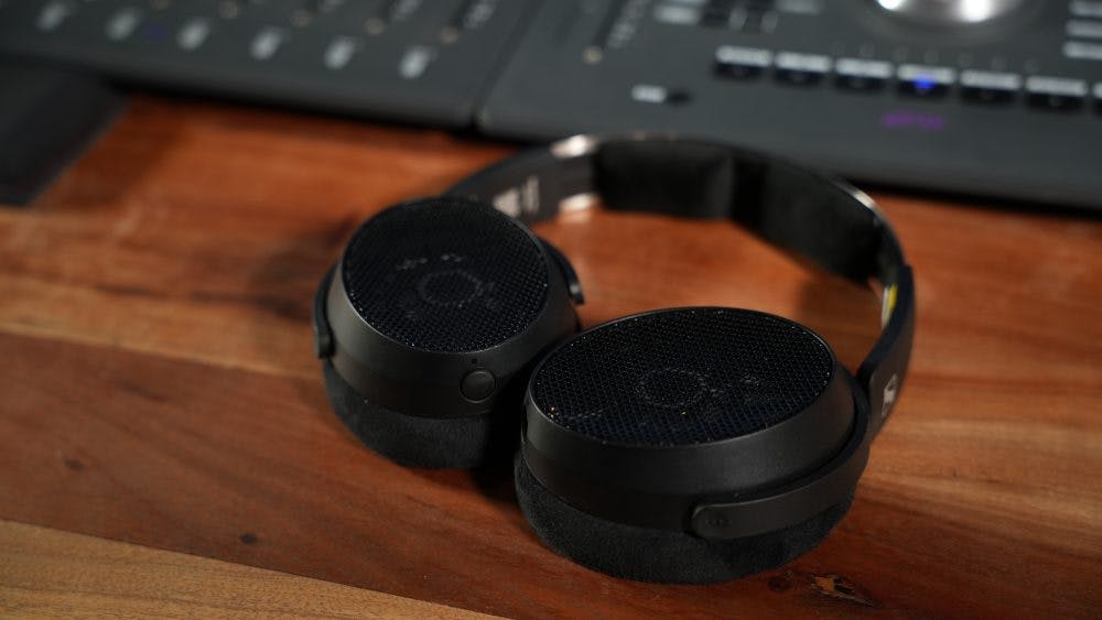 Sennheiser HD 490 Pro headphones folded flat showing mesh grilles and compact design