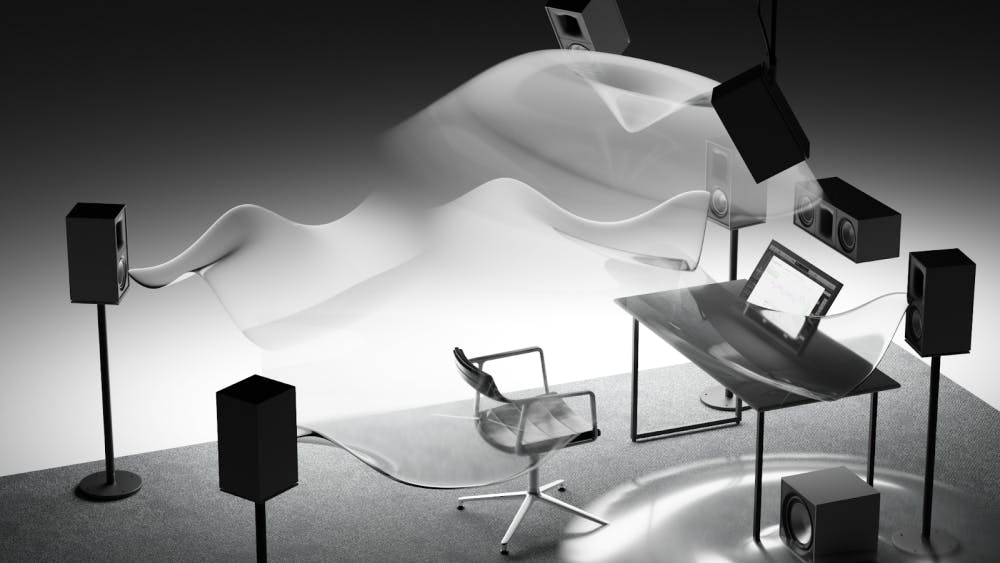 A stylized 3D rendering of a modern immersive audio studio, featuring a transparent, wave-like sheet representing sound waves flowing through a space with multiple studio monitors on stands, a minimal black desk with a digital interface, an office chair, and a subwoofer, all set against a gradient background