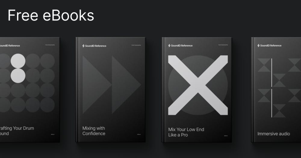 Four free SoundID Reference eBooks displayed on dark background showing covers for Crafting Your Drum Sound, Mixing with Confidence, Mix Your Low End Like a Pro, and Immersive Audio guides