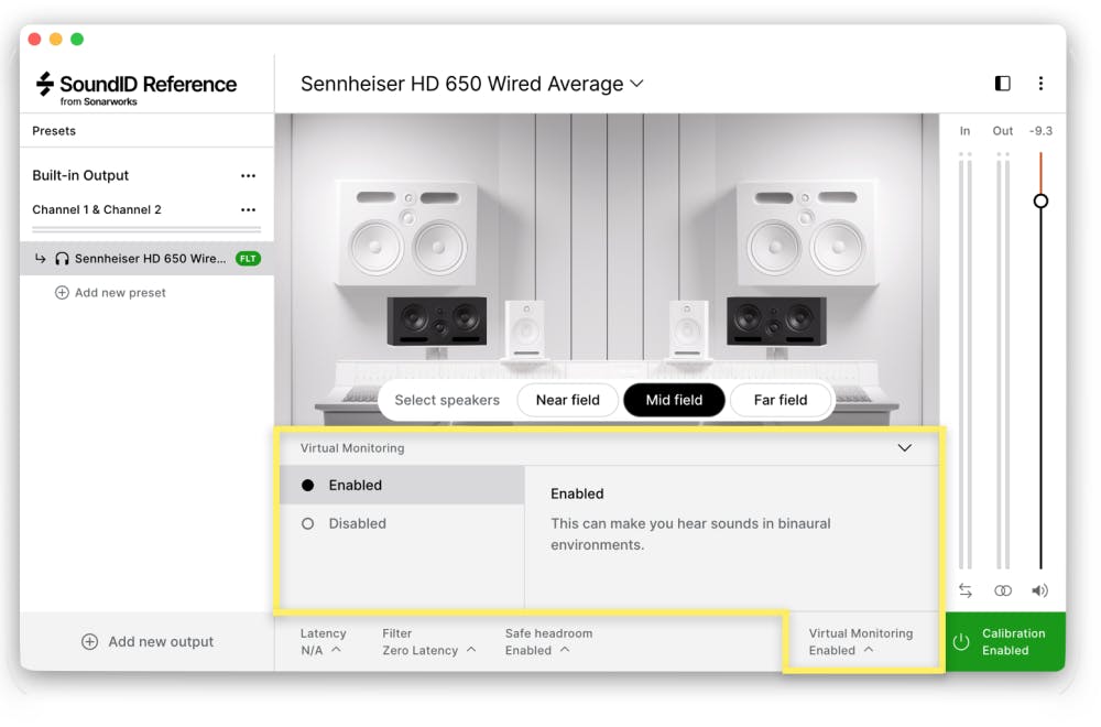 SoundID Reference software window showing Virtual Monitoring enabled, with selectable near field, mid field, and far field studio monitor profiles, and a studio speaker setup depicted visually.