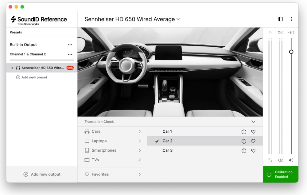 SoundID Reference software interface displaying the Translation Check feature, with a car interior photo representing car speaker simulation, and options to emulate playback on cars, laptops, smartphones, or TVs.