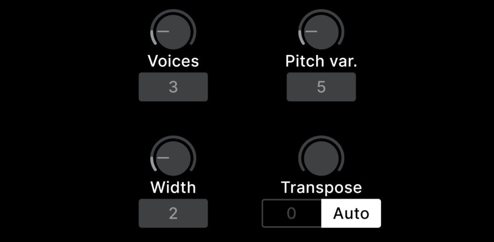 SoundID VoiceAI plugin controls interface showing four adjustment dials for Voices (3), Pitch variation (5), Width (2), and Transpose (Auto setting)