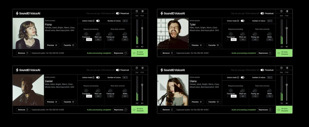 SoundID VoiceAI plugin interface displaying four voice presets—Fiona, Tyler, Daniel, and Diana—with real-time processing controls, pitch variation settings, and audio waveform displays