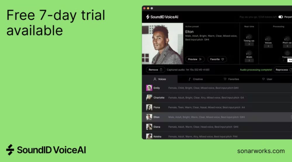 SoundID VoiceAI promotional banner advertising 7-day free trial with voice library interface showing Elton voice preset selected and six available voice profiles including Emily, Charlotte, Fiona, Diana, and Keisha