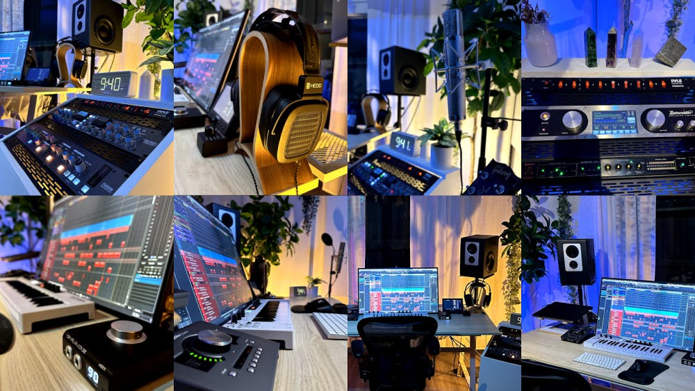 A montage of recording studio equipment close-ups, including audio interfaces, a mixing console, large headphones on a wooden stand, studio speakers, a computer monitor with a DAW interface, and ambient lighting with plants in the background.