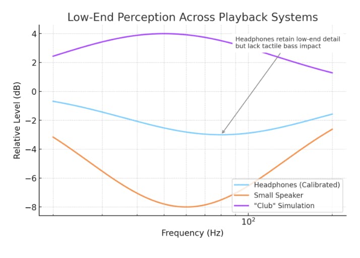 Comparison chart showing low-end frequency perception across calibrated headphones, small speakers, and club simulations, with annotated details about bass impact and headphone performance.