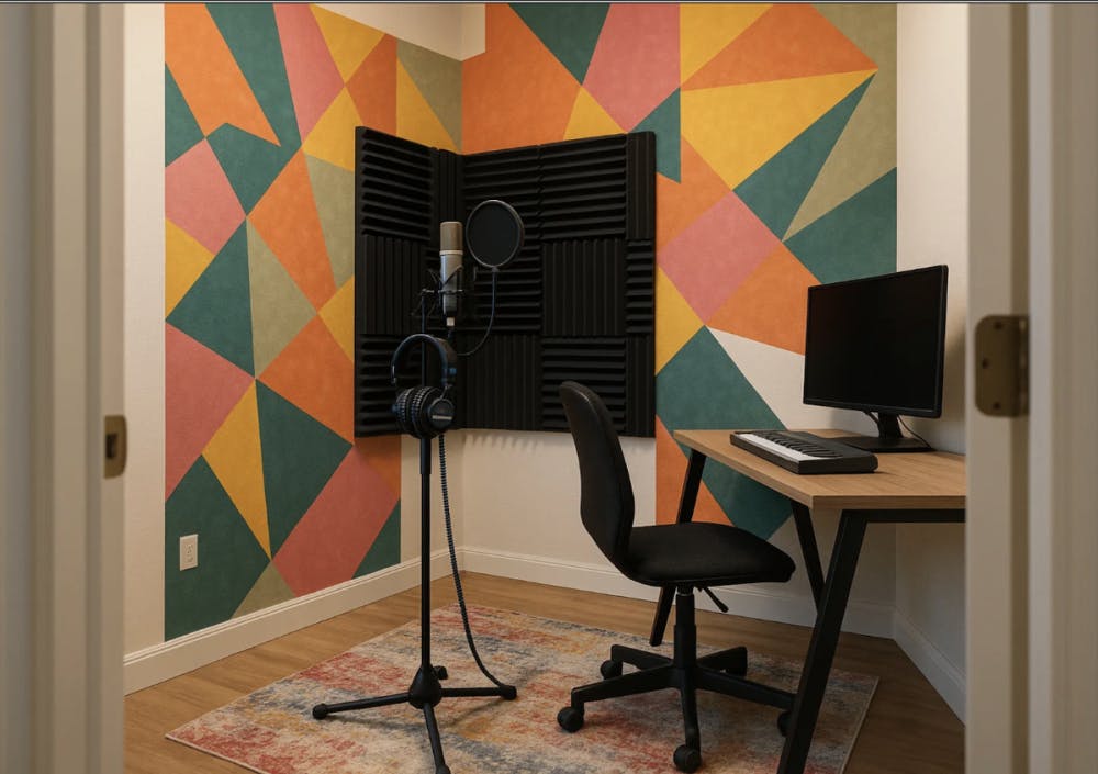 Modern home recording studio with colorful geometric walls, soundproof panels, microphone stand, headphones, desk, computer, and MIDI keyboard.