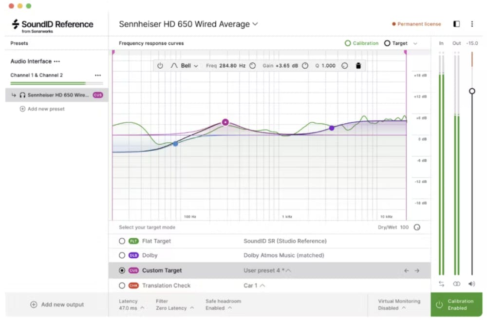 SoundID Reference software screenshot showing frequency response curves and custom target EQ adjustments for Sennheiser HD 650 headphones with calibration enabled.