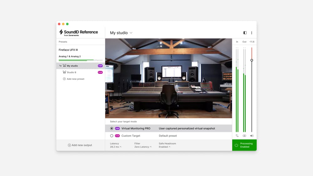 SoundID Reference Virtual Monitoring PRO software displaying a personalized studio calibration snapshot inside a professional mixing studio