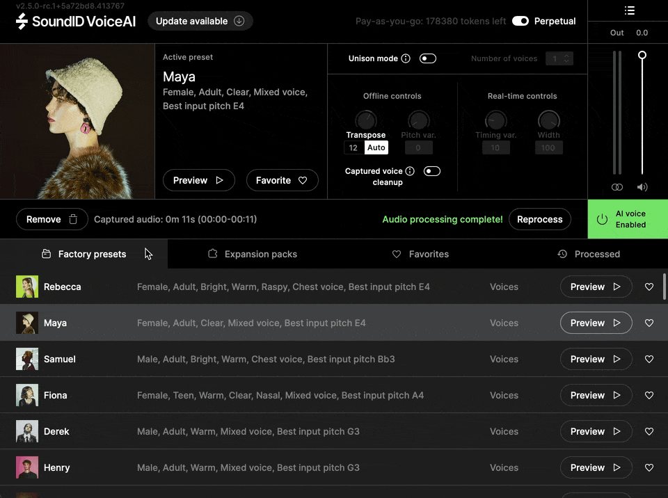 SoundID VoiceAI expansion packs tab displaying multiple voice presets including Derek, Henry, Simon and other professional AI voices