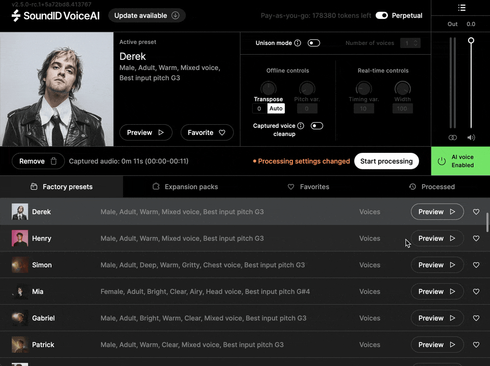 SoundID VoiceAI factory presets browser showing Maya female voice preset with clear mixed voice characteristics