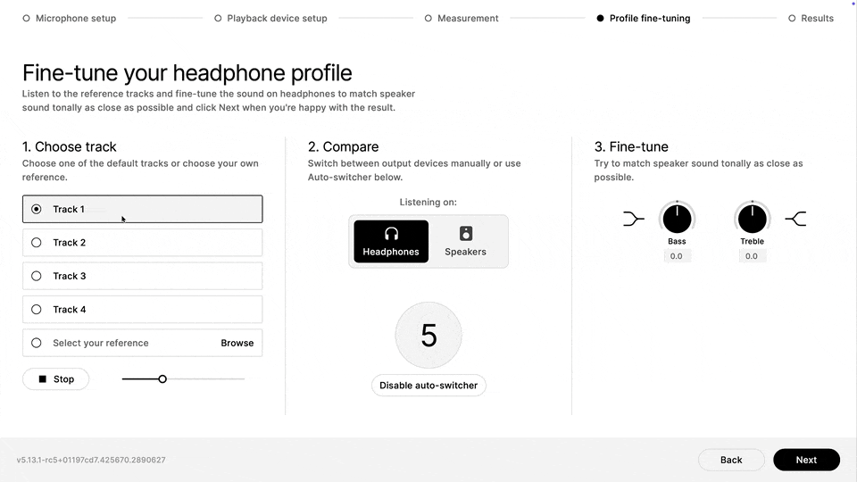 Screen recording showing the fine-tuning stage where the user switches between speakers and headphones, listens to reference tracks, and adjusts bass and treble to match the room sound.