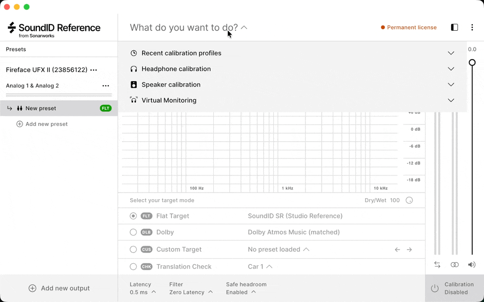 Screen recording of SoundID Reference where the user selects the target mode from the preset list, loads a profile, and sees the virtual room appear inside the interface.