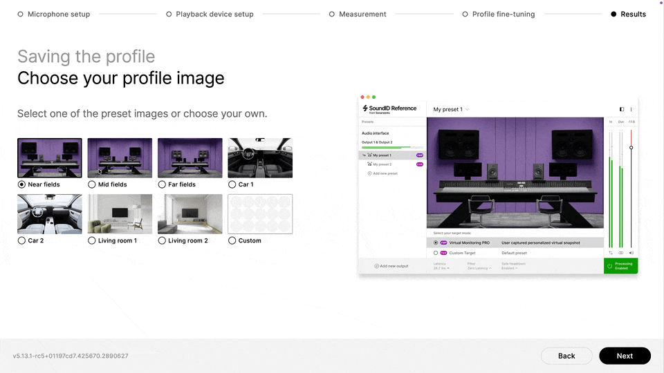 Screen recording showing the final step of saving a Virtual Monitoring PRO profile, with options to choose a profile image representing different rooms or listening environments.