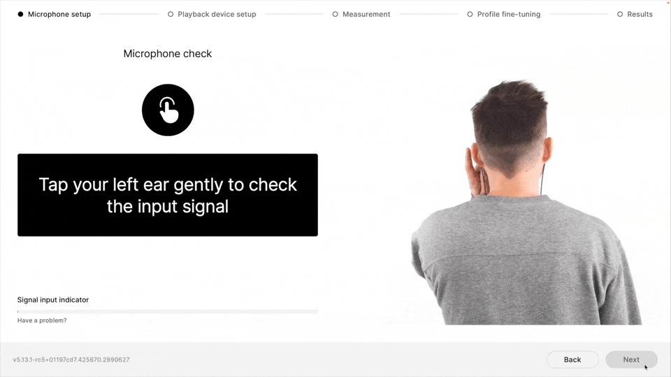Screen recording of measurement process, including microphone setup, left-ear tap check, device routing, and the transition through each guided measurement step.