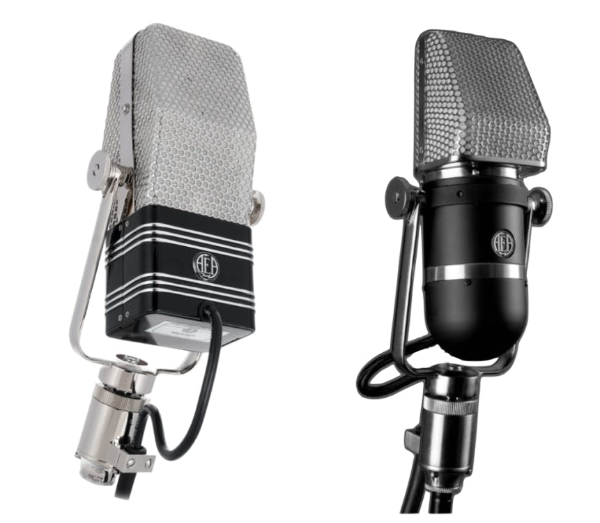 AEA R44C bidirectional ribbon microphone on the left and AEA KU4 supercardioid ribbon microphone on the right