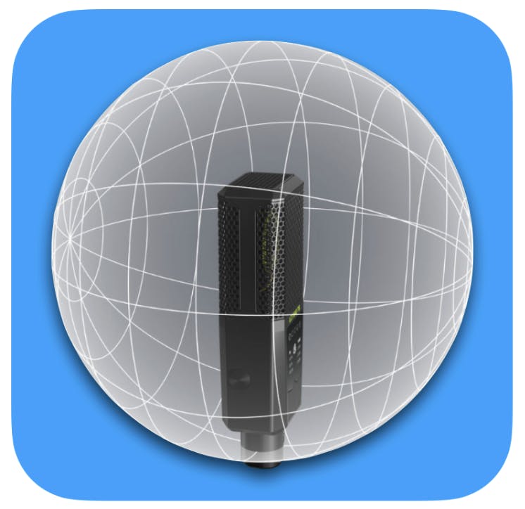Lewitt LCT 940 multi pattern condenser microphone shown inside a three dimensional omnidirectional polar pattern sphere