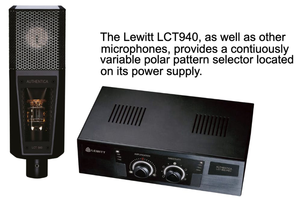 Lewitt LCT940 condenser microphone shown with its power supply that features a continuously variable polar pattern selector