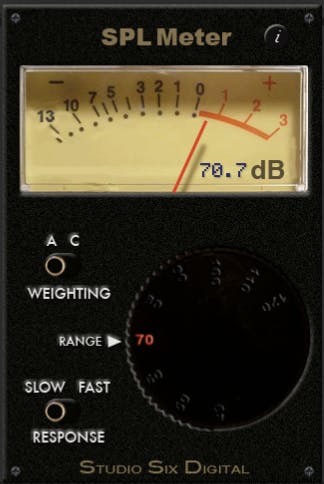 Analog SPL meter showing 70.7 dB sound pressure level