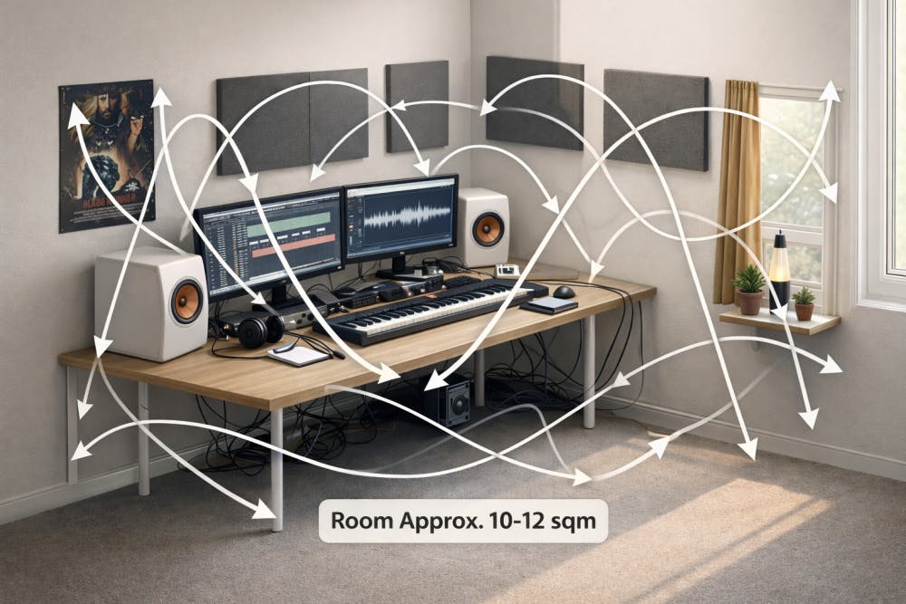 Home recording studio with white arrows illustrating complex sound reflection paths bouncing off walls, ceiling, and floor in typical 10-12 square meter bedroom, showing why room acoustics affect monitoring accuracy