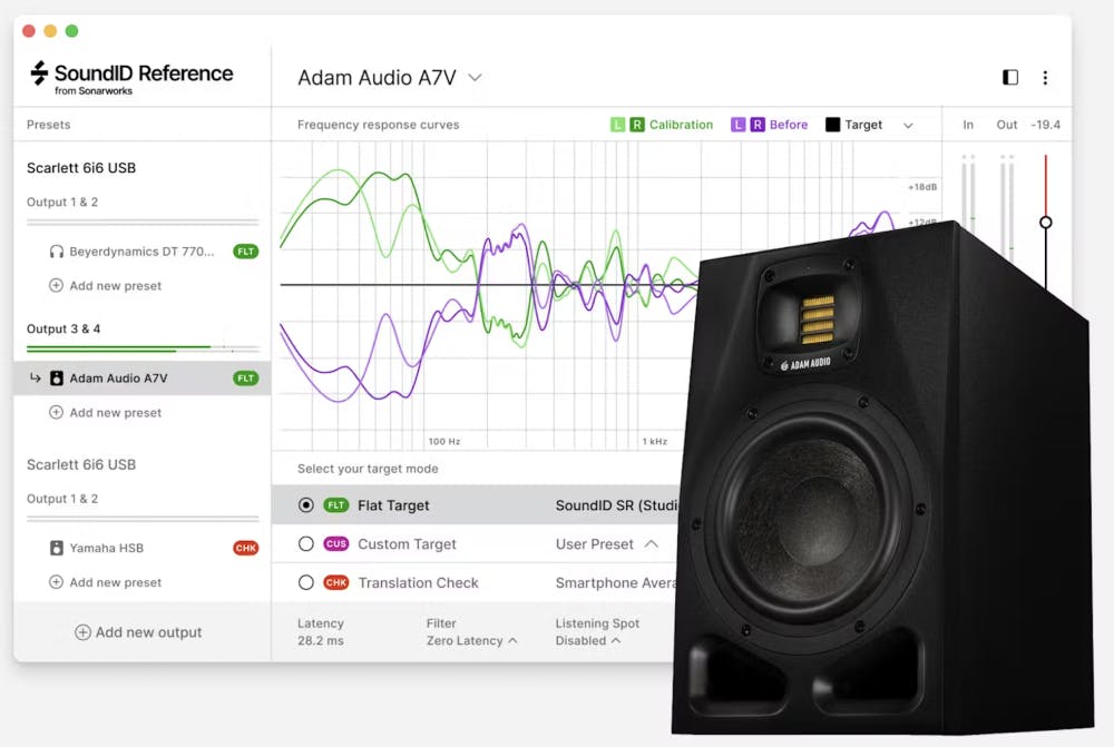 SoundID Reference software interface showing frequency response correction for ADAM Audio A7V monitor, with green calibrated curve, purple uncalibrated curve, and flat target response demonstrating room acoustic correction