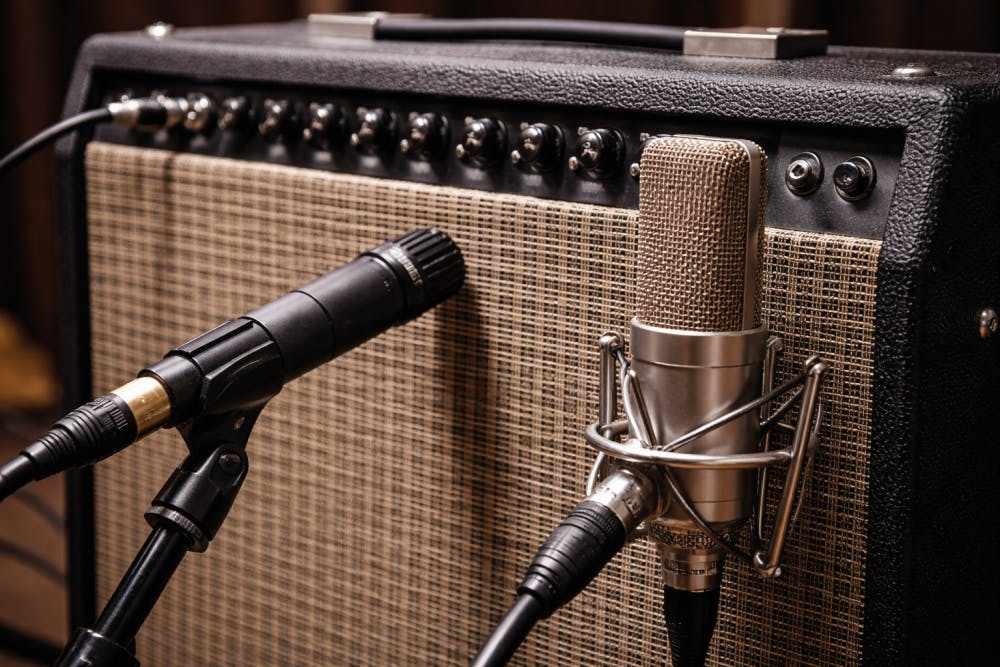 SM57 dynamic microphone and ribbon microphone on guitar amplifier demonstrating dual-mic setup that causes phase cancellation and thin tone