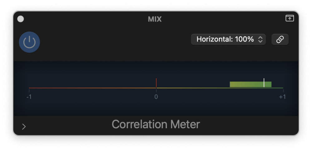 Correlation meter plugin interface showing reading between 0 and +1 indicating phase-compatible stereo mix